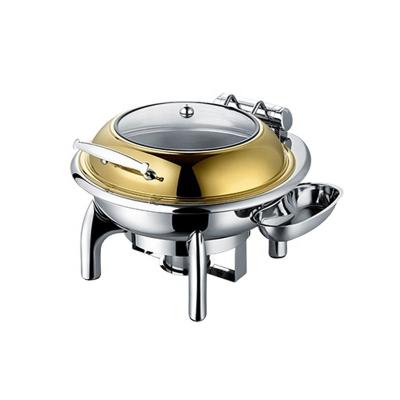 China hotel & Restaurant Serving Chafing Dish 4L Stainless Steel Gold Food Warmers Round Teasing Dishes Shake With Hydraulic Slow Down Window Cover for sale