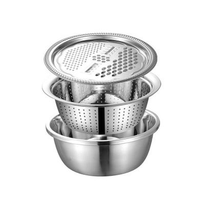 China New 2021 Viable Hot Selling 3 in 1 Universal Kitchen Tools Salad Bowl Grater Stainless Steel Drain Basin Fruit Basket Vegetable for sale