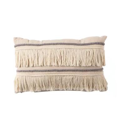 China Anti-Slip Cotton Canvas Embroidered Pillow Case With Tassel Home Decor Long Sofa Pillow Cover for sale