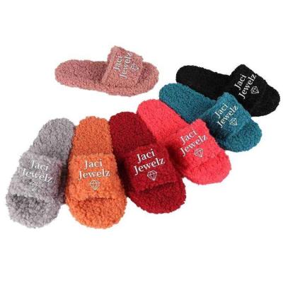 China Fashion Trend Logo Custom Furry Furry Women Slippers Customized Flat Slides Sandals for Girls or Ladies for sale