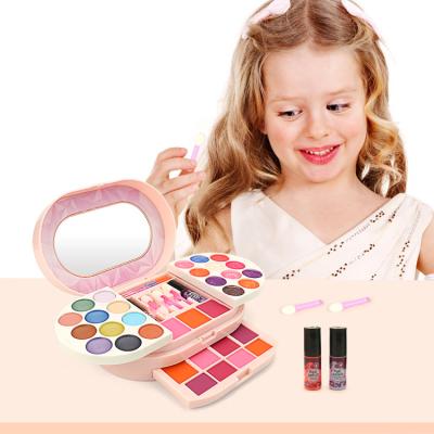 China Custom Portable Makeup Tool Kits Travel Case Kids Pretend Play Make Up Toy Cosmetics Kit Safe Kid Lipsticks Eyeshadow Makeup Toys for sale