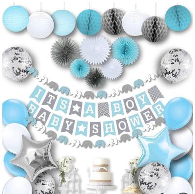 China Disposable Eco-Friendly Its A BOY Garland Bunting Banner Paper Lanterns, Honeycomb Balls Tissue Paper Fans Baby Shower Decorations for sale