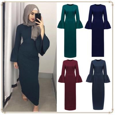 China Hot Selling Polyester Fashion Women Abaya Color Dress Muslim Sheer Islamic Long Dress Flare Sleeve Dress for sale