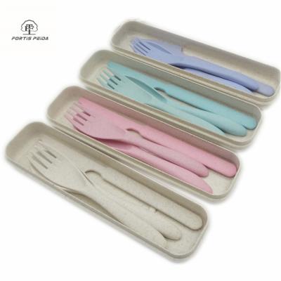 China Home Portable Straw Plastic Reusable Biodegradable Spoon Knife Fork Cutlery Set Wheat Pi Hotel Restaurant Wedding Gift for sale