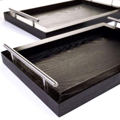 China Household use stable wooden serving trays with stainless steel handles 17*12*3 inches. inches 15*10*3. for sale