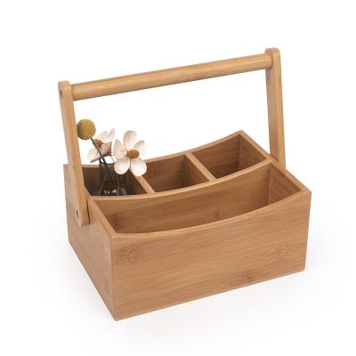 China Bamboo Trolley Flatware Holder OEM Kitchen Sustainable Utensil Holder with Folding Handle Bamboo Storage Flatware Serving Organizer for sale