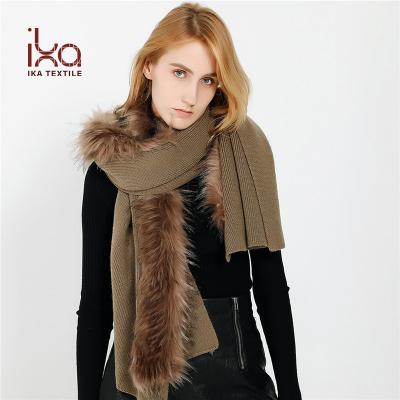 China 100% Acrylic + Warm Faux Rabbit Fur Women Winter Knit Long Scarf And Shawl With Faux Fur for sale