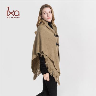 China Cashmere Like Women's Loose Fitting Poncho Cape Shawl With Elegant Horn Buttons V-neckline And V-edge for sale