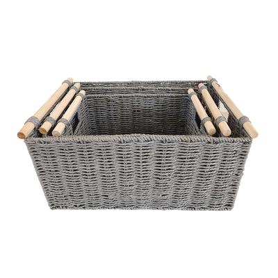 China Stocked Set of 3 Basics Eco Friendly Paper Rope Household Storage Wicker Baskets with Wooden Handles for sale