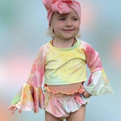 China New fashion tie dye velvet viable clothing for tollder girls upper bell sleeve defeat 2 piece kids outfit set for sale