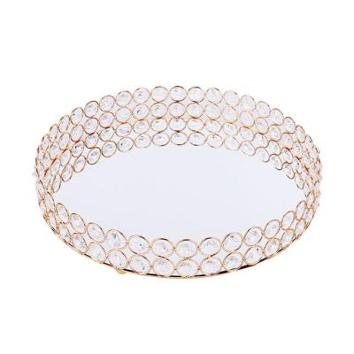 China Round Metal Glass Gold Women Dressing Table Mirror Cake Cosmetic Dish Stocked Crystal Tray for sale