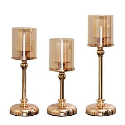 China Nordic Modern Wedding Glass Candlestick European Luxury Table Metal Gold Stand Cylinder Holder Home Decor for sale