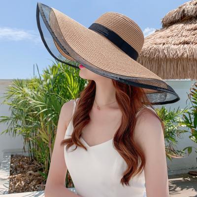 China Character Women Wide Brim Beach Hat Summer Resort Sun Foldable Straw Hat for sale