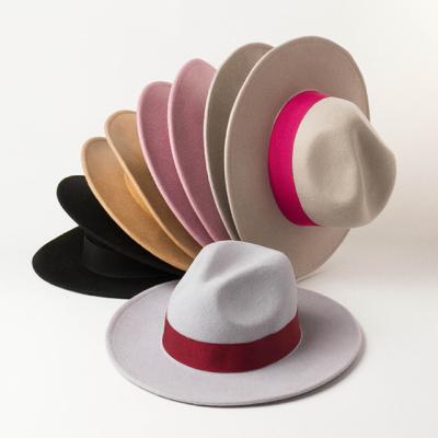 China Plush Women's Classic Wide Brim Panama Hat Belt Buckle Soft Wool Fedora Hats for sale