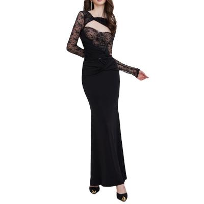 China OEM apparel lace shoulder Anti-wrinkle custom made black formal long elegant largos y largos Maxi Evening Dress vestidos de fiesta fancy sleeves for sale