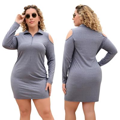 China Large Size Viable Temperament Casual Commuter Short Dress Knitted Zipper Solid Color Long Sleeve Polo Women's Dresses Plus Size for sale