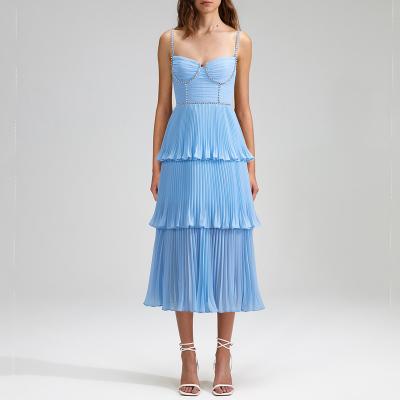 China New OEM/ODM Anti-Static Summer Diamond Suspender Ruffle Sleeveless Long Skirt Solid Color Beach Layered Women's Sexy Casual Elegant Dress for sale