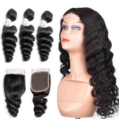 China Wholesale Loose Wave Cuticle Aligned Loose Wave Brazilian Remy Human Virgin Hair 12A 3 Bundles With Natural Color With Lace Closure for sale