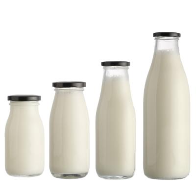 China Sustainable Hot Selling Transparent Glass Milk Bottles With Metal Twist Reusable Lids And Straws For Beverage for sale