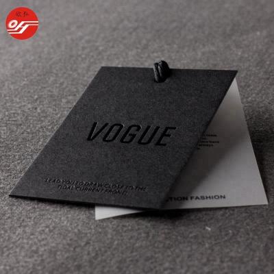 China Good Quality Sustainable Custom Black Cardboard Embossed Logo Hang Tag For Apparel for sale