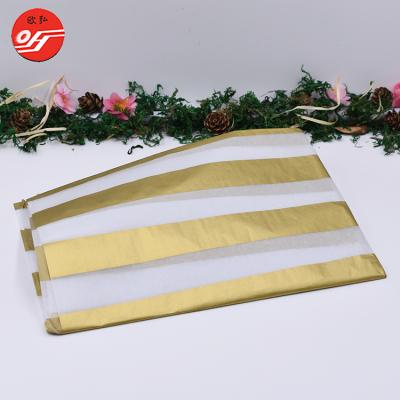 China Elegant anti-curl custom design gold and white stripe transparent silk tissue paper for wrapping for sale