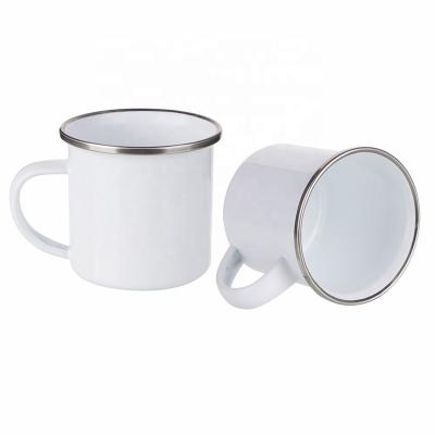 China Personalized Sublimation 6 Ounce/180ml Campfire Enamel Stocked Coffee Mugs White Enamel Mug With Silver Rim Wholesale Factory Supply MEN6 for sale