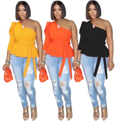 China Anti-wrinkle new style women clothes 2021 summer one shoulder puff sleeve ladies tops women T-shirts for sale