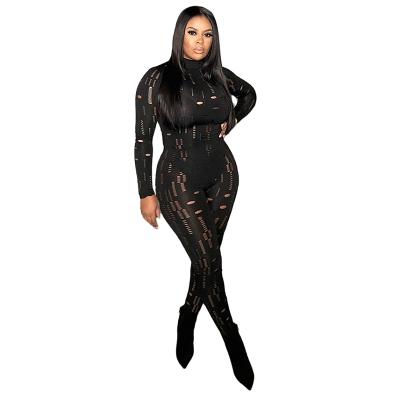 China K21Q10509 Fashion Waterproof Women's Clothing One PieceJumpsu Long Sleeve Holes Turtle Neck Jumpsuit High Street Club Party Bodycon for sale