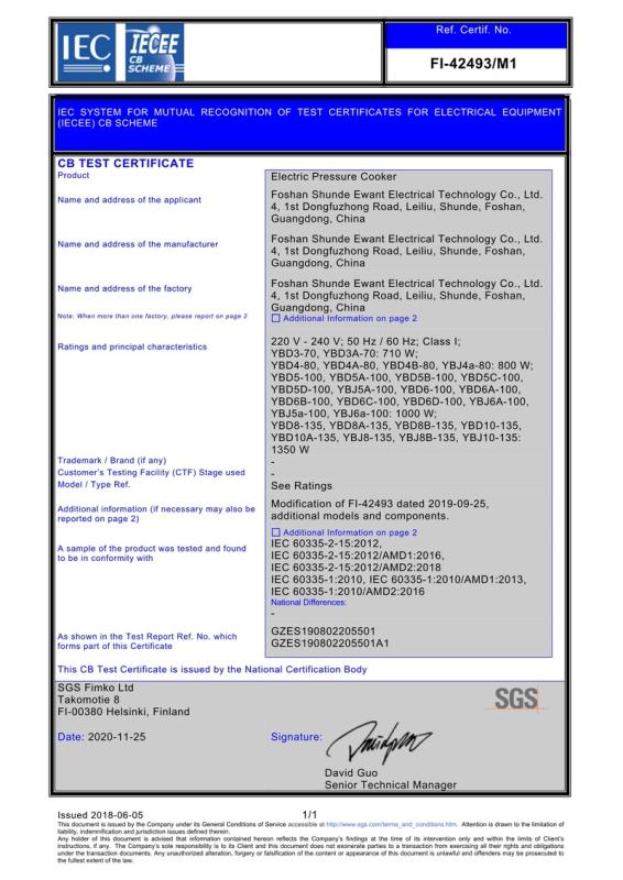 CB - Foshan Shunde Ewant Electrical Technology Co., Ltd.