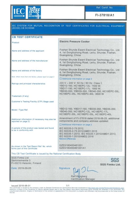 CB - Foshan Shunde Ewant Electrical Technology Co., Ltd.