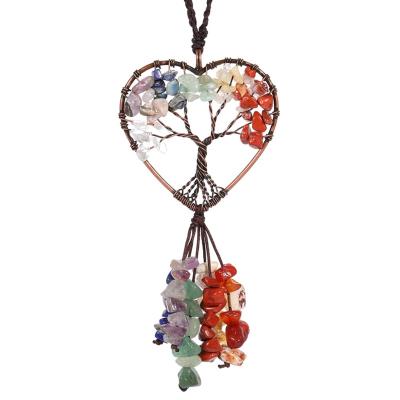 China Tree of Life Natural Stone 7 Chakra Pendant for Car Hanging Healing Chip Bead Reiki Heart Shaped colorful Tassel Charm Pendants Jewelry Women for sale