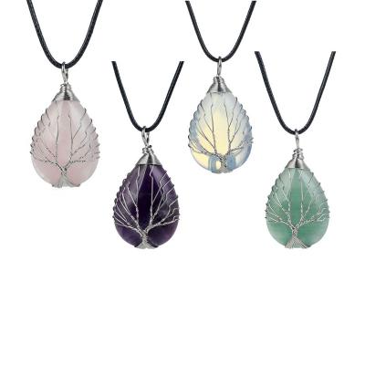 China Tree of Life Natural Quartz Opal Stone Pendants Handmade Silvery  Color Handmade Tree of Life Wrapped Drop Shaped Crystal Pendant Necklace for sale