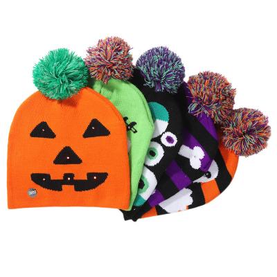 China Halloween Party Supplies New Glowing Knitted Halloween Hat Kids Party Supplies Pumpkin Ghost Adult Hat Light for sale