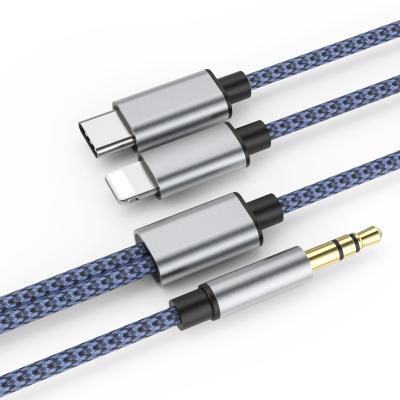 China Gold Plated Car Connector Braided Wire Material 2 in 1 Audio Cable for Lightning and Type-C to 3.5mm for sale