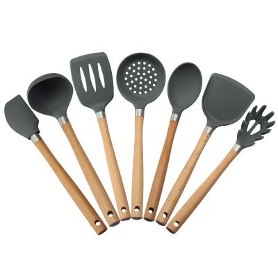 China Factory Suppliers Sustainable Kitchen Utensils Silicone Cookware Sets With Beech Wood Handle for sale