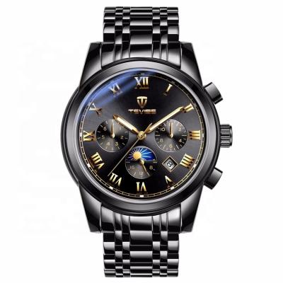 China Tevise Automatic Mens Black Mechanical Date Moon Phase Automatic Watch With Date for sale