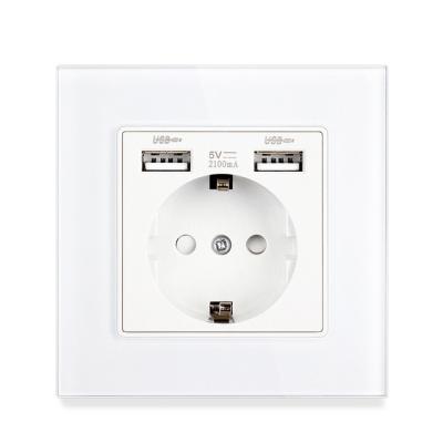 China With USB Ports EU Standard Wall Power Socket Dual USB Socket Charger AC110V-250V 16A Tempered Crystal Glass / Plastic Panel Outlet for sale