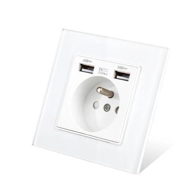 China With French Standard USB Ports Wall Power Socket Dual USB Socket Charger AC110V-250V 16A Tempered Crystal Glass / Plastic Panel Outlet for sale