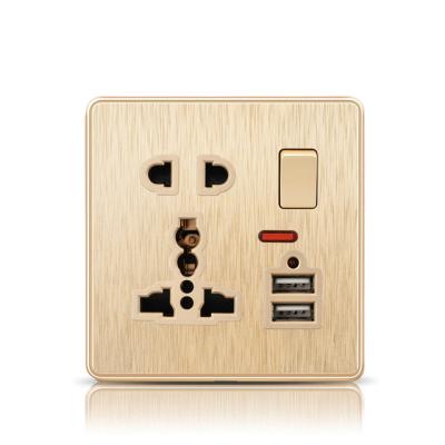 China With USB Ports Universal 5 Pin 13A 250V Home Power Socket With Doul USB LED Indicator Wall Socket Gold Drawing Switch Electrical Outlet for sale