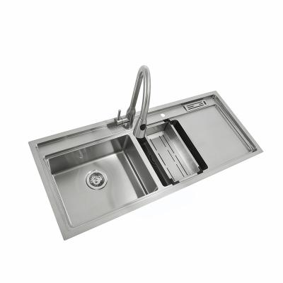 China Without Faucet Newest style high quality double bowl top mount kitchen sinks with drainer board 304 stainless steel kitchen sinks for sale