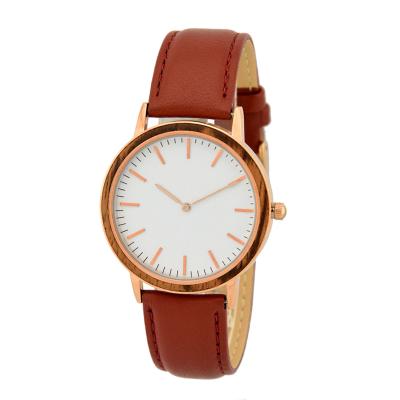 China Non-specific create your own brand watch minimalist style waterproof wooden stainless steel case and genuine leather strap for sale