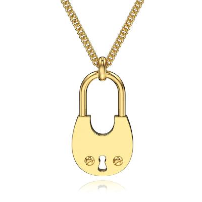 China Casual/Sporty Unisex Lock Chain Pendant Necklace For Lovers 316L Stainless Steel 14K Gold Plated Simple Chunky Lock Key Necklace For Couples for sale