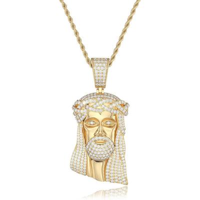 China Hiphop Iced Out Hip Hop Gold Plated Chain Religious Peace Jesus Head Piece Pendant Necklace 14K 3A CZ Diamond Bling Jesus Face Piece for sale