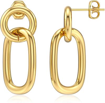 China CLASSIC Double Circle Linear Drop Open Huggies Stud Earrings 316L Stainless Steel 14K Gold Large Dangling Round Circle Drop Stud Earrings for sale