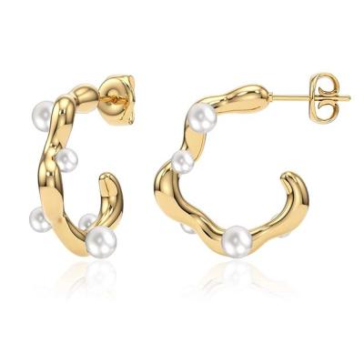 China Unique 14K Gold Plated Hammered Chunky Zig Zag Open Pearl Hoop Earrings Stainless Steel Stainless Steel Vintage Hammered Freshwater Pearl Circle for sale