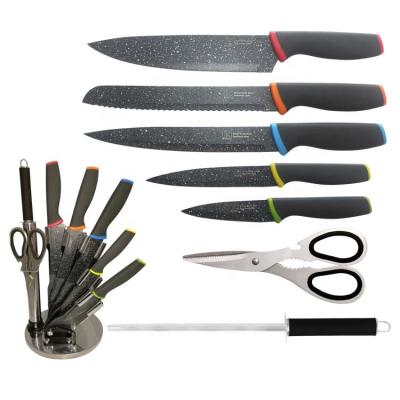 China Disposable 6 Pcs Swiss Line Colored Non-Stick Coated Kitchen Knife Set With Acrylic Block for sale