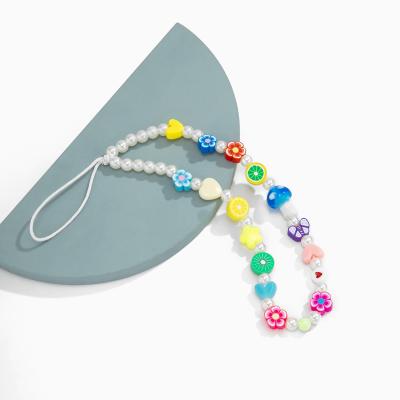 China Soft Multicolor Cell Phone Chain Lanyard Charm Mother-Of-Pearl Beads Mobile Cell Phone Case Fruit Girl pottery+acrylic+imitation pearl+beads for sale