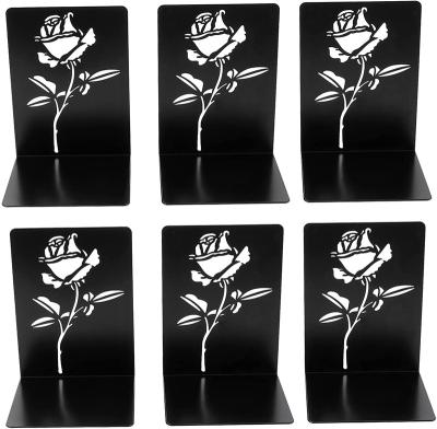 China Rose Flower Bookends Metal Durable Heavy Duty Elegant Book Ends Laser Cutting Powder Coat Black Decorative Book End for sale