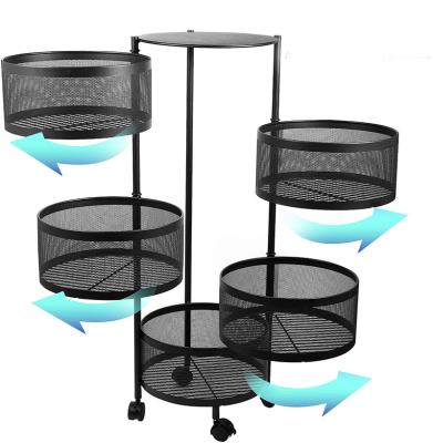 China Stocked 3/4/5 Tier Revolving Shelf 360 Degree Baskets Fruit Kitchen Metal Storage Vegetable Rack With Wheels for sale