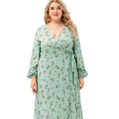 China Sustainable Fashion Free Sample Light Green Long Sleeve Printed Wrap Clothing Plus Size Women Clothing for sale